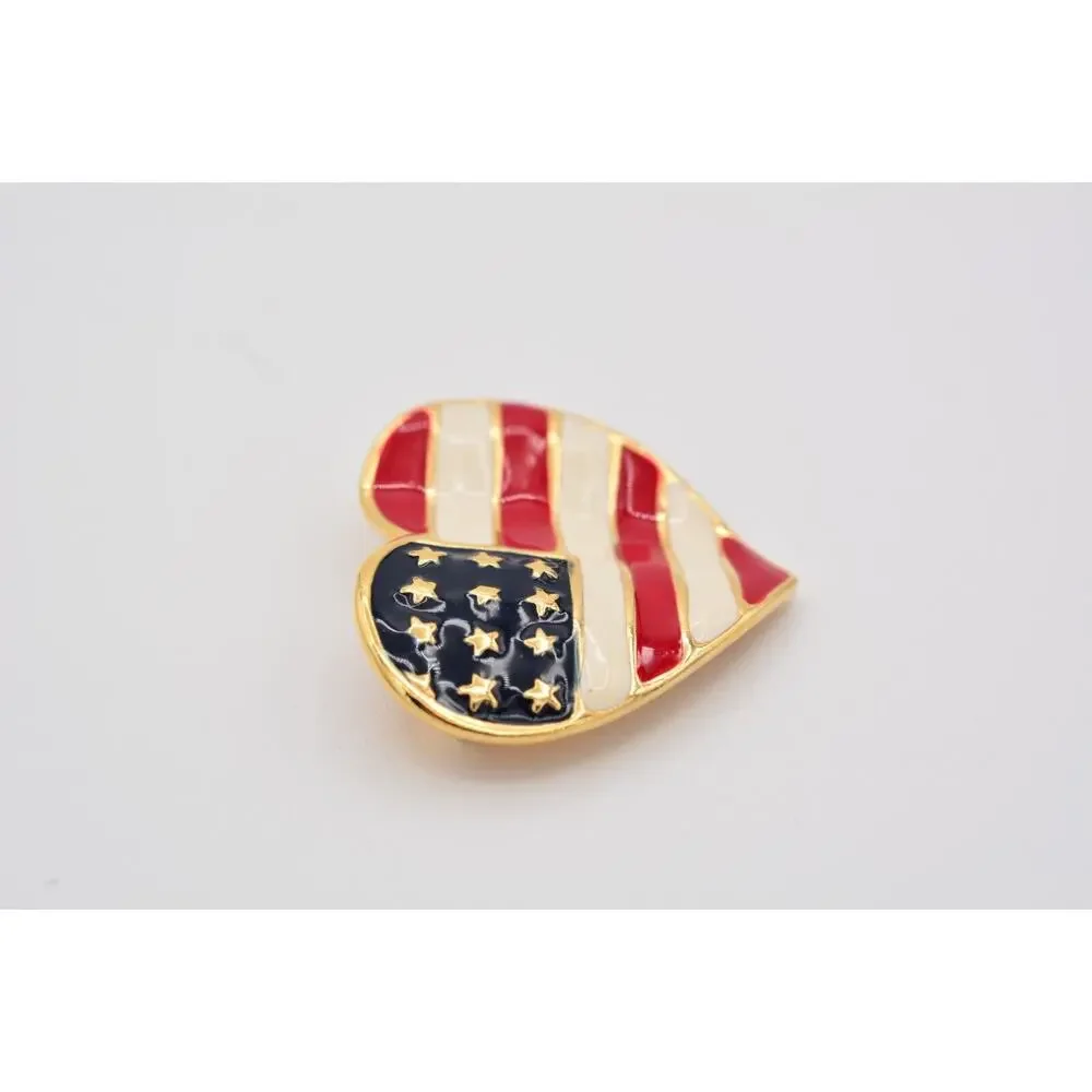 Vintage USA Heart Flag Pin Brooch American Red White Blue Gold Tone 1990s BinAT